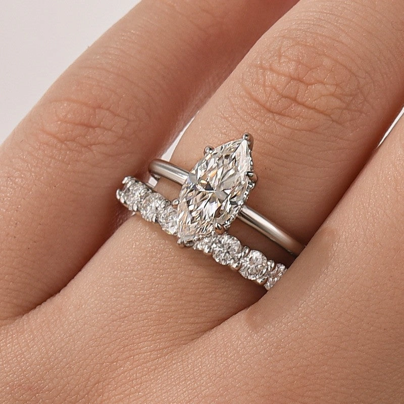 Moissanite 2.0Ct Marquise Cut Solitaire White Gold Engagement Ring with Pav?? Eternity Ring Eye-catching Design