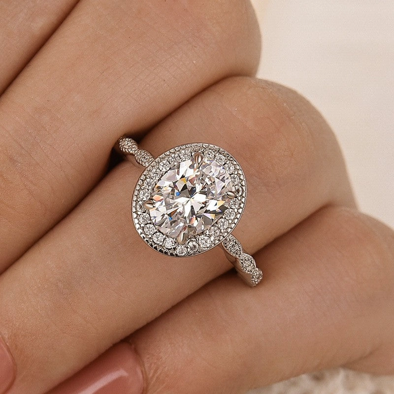 Monochrome Mood Halo 2.0Ct Oval Cut Vintage Engagement Ring In Sterling Silver