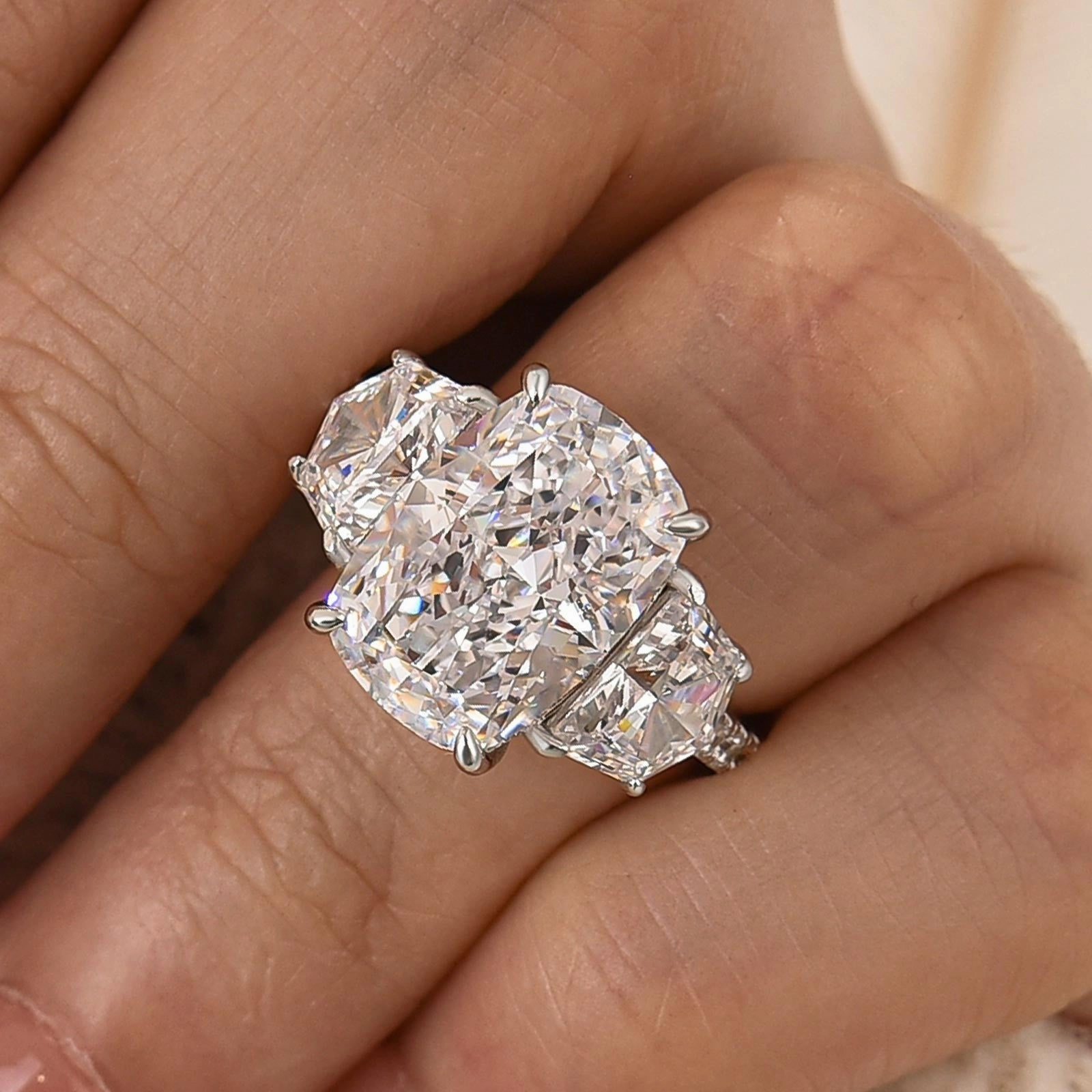 Unique Pieces Bold Appeal 6.0Ct Three Stone Cushion Cut Engagement Ring Travel Ring In Sterling Silver