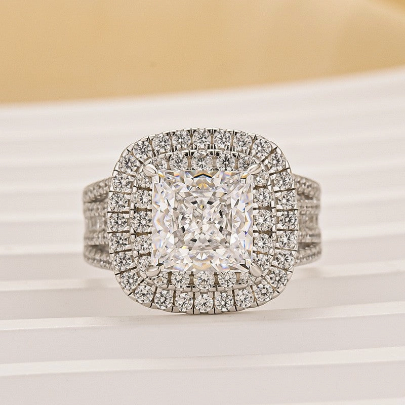 2.0Ct Princess Cut Double Halo Split Shank Engagement Ring In Sterling Silver Glamour Accent Shimmering Design