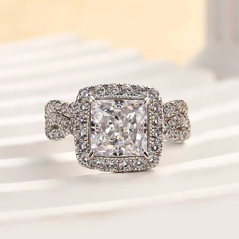 Louily Noble Halo Square Princess Cut Wedding Ring Set Dazzling Radiance Fashion Moment