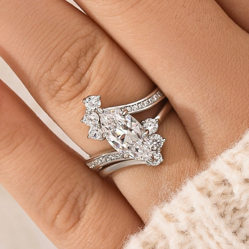 1.5Ct Vintage Marquise Cut Insert Engagement Ring With Vine Shaped Engagement Ring Enhancer Lively Accent