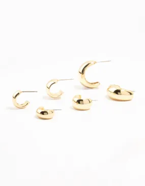 Luxurious Shine Gold Plated Brass Chunky Hoop Earrings 3-Pack