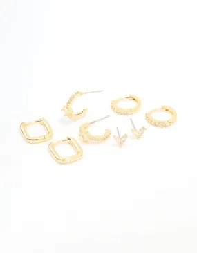 Timeless Radiance Elegant Statement Gold Plated Brass Cubic Zirconia & Plain Rectangle Earrings 4-Pack