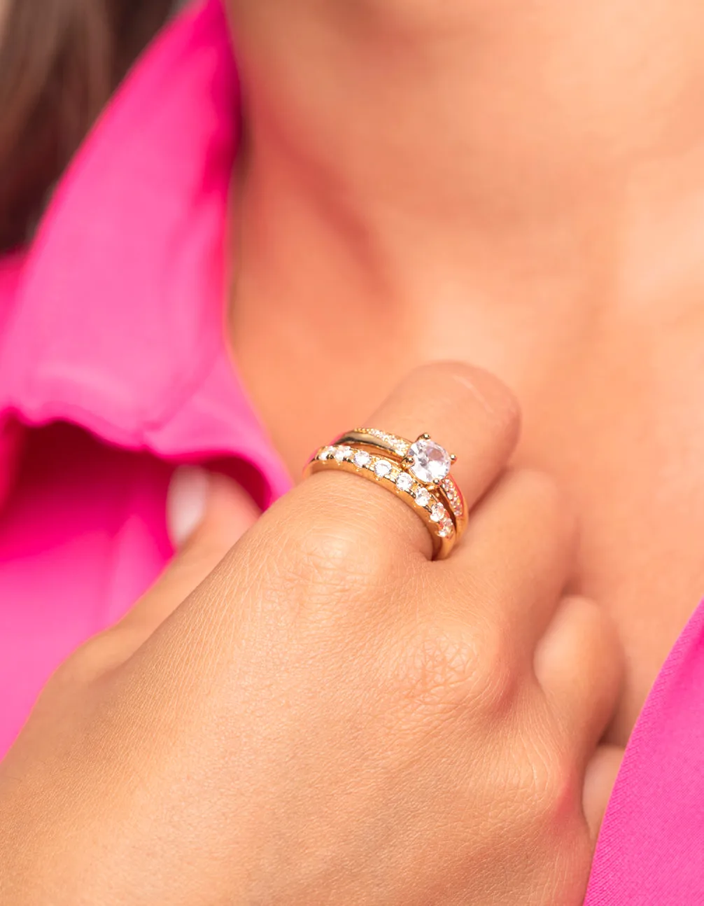 Unique Pieces Evening Style Gold Plated Cubic Zirconia Engaement Ring Set