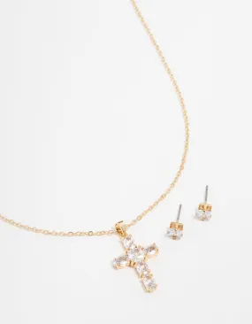 Modern Appeal Gold Plated Cubic Zirconia Square Cross Necklace & Stud Earrings Set