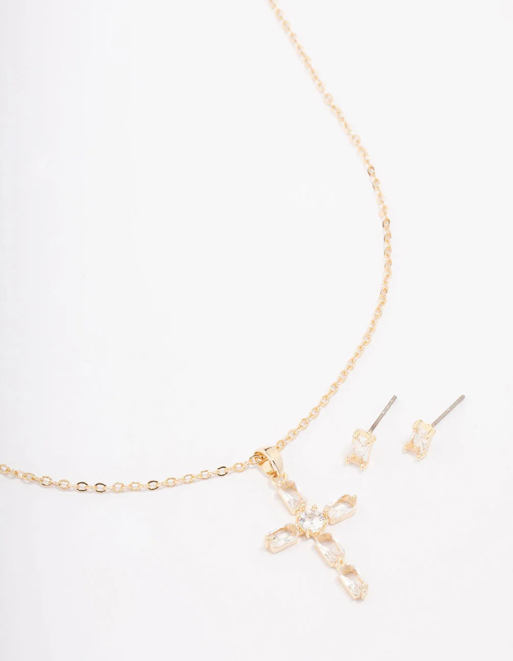 Gold Plated Diamante Cross Pendant Necklace & Stud Earring Set Shaped Precision Stylish charm