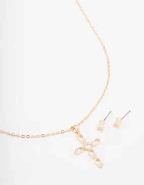 Gold Plated Diamante Cross Pendant Necklace & Stud Earring Set Shaped Precision Stylish charm