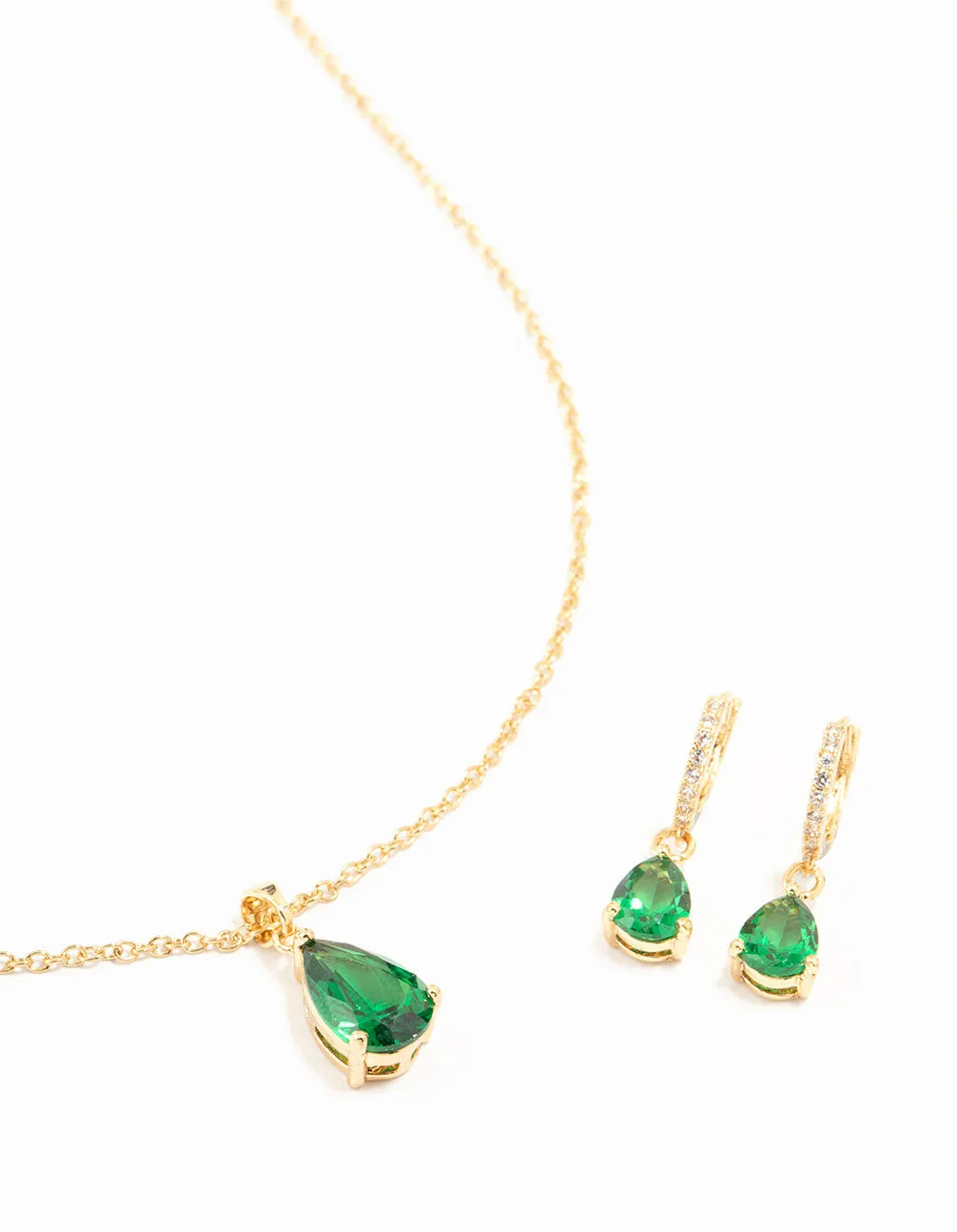 Lush Touch Gold Plated Emerald Teardrop Diamante Drop Necklace & Earrings Set