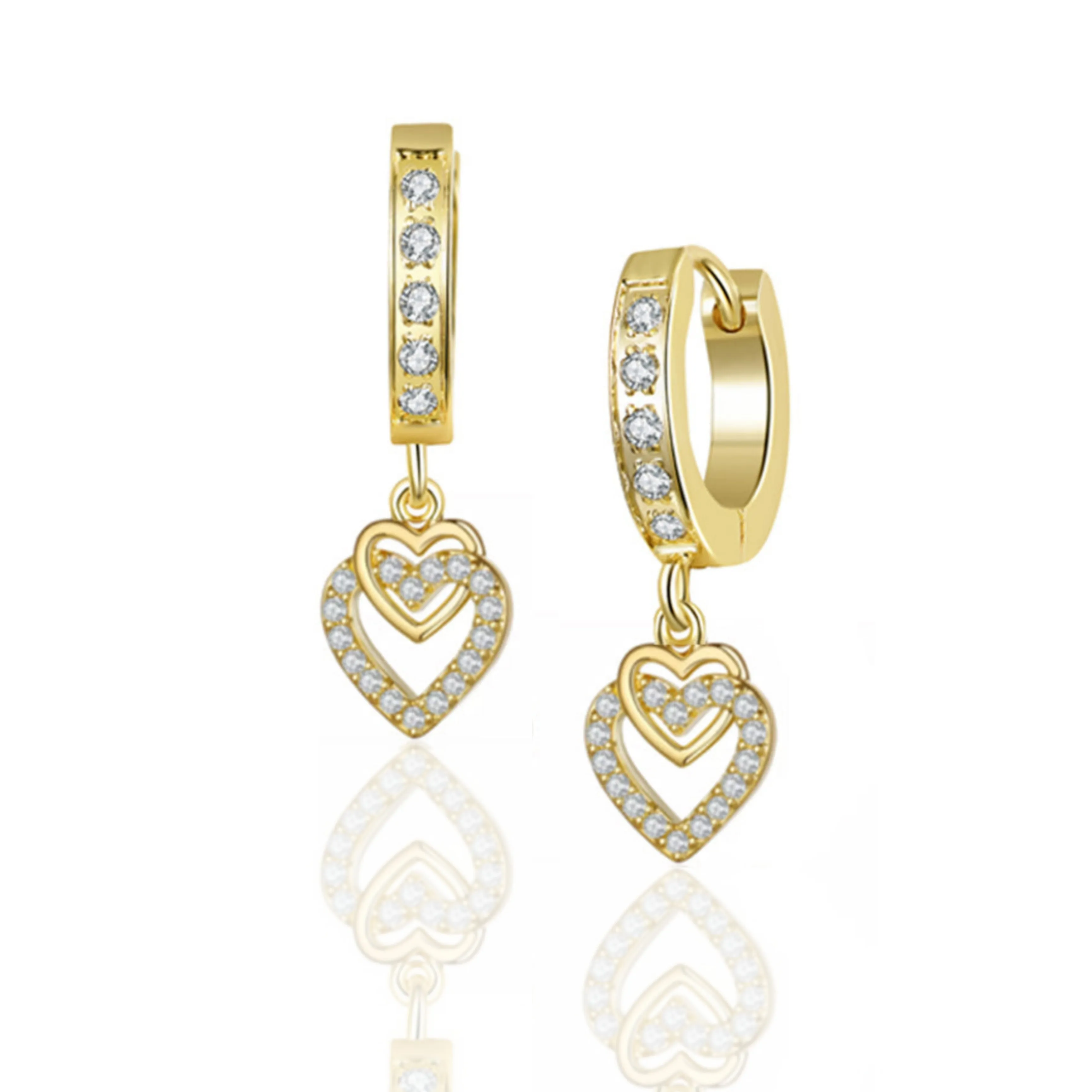 Gold Plated Surgical Steel CZ Interlocking Vertical Hearts Earrings Decorative Must-Have