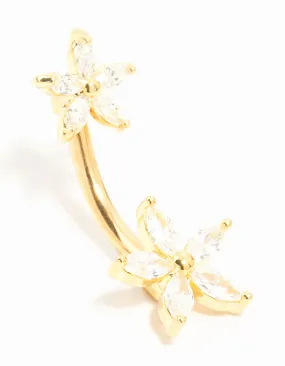 Gold Plated Titanium Double Diamante Daisy Belly Bar Radiant Finish