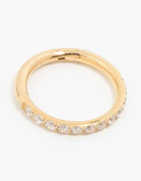 Minimal Style Lush Accent Gold Plated Titanium Fine Pave Cubic Zirconia Band Clicker Ring