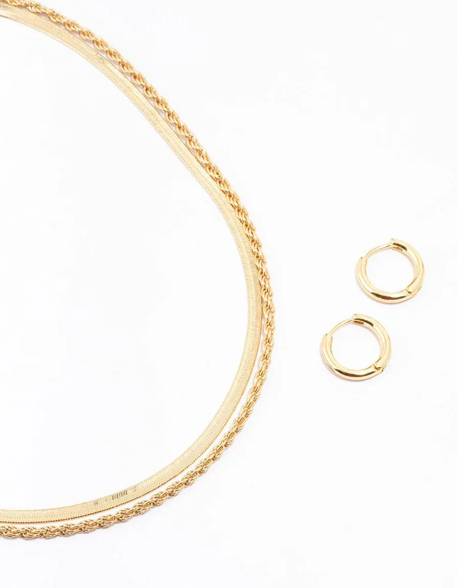 Radiant Edge Gleaming Sparkle Gold Plated Twist & Snake Chain Necklace & Hoop Set