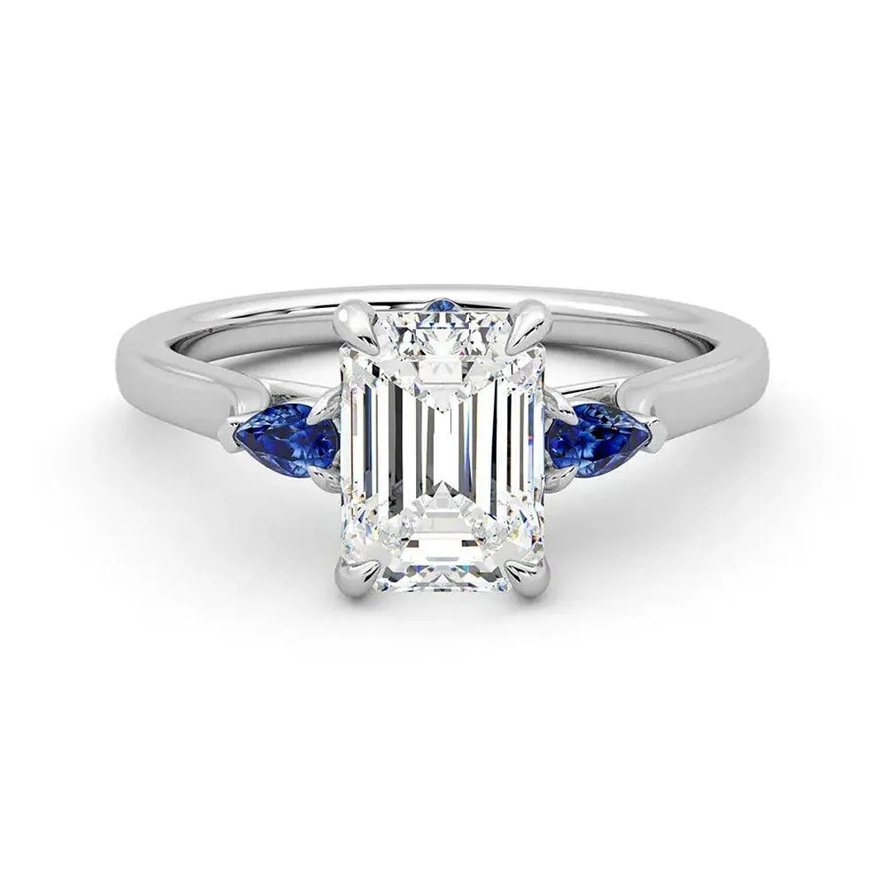 Three Stone Emerald Cut Moissanite Engagement Ring with Hidden Anniversary Stone Accent Simple Vibe