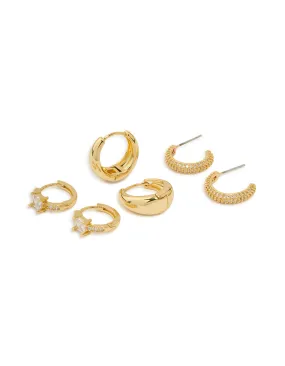 Romantic Design Gold Plated Brass Cubic Zirconia Huggie Earrings 3-Pack