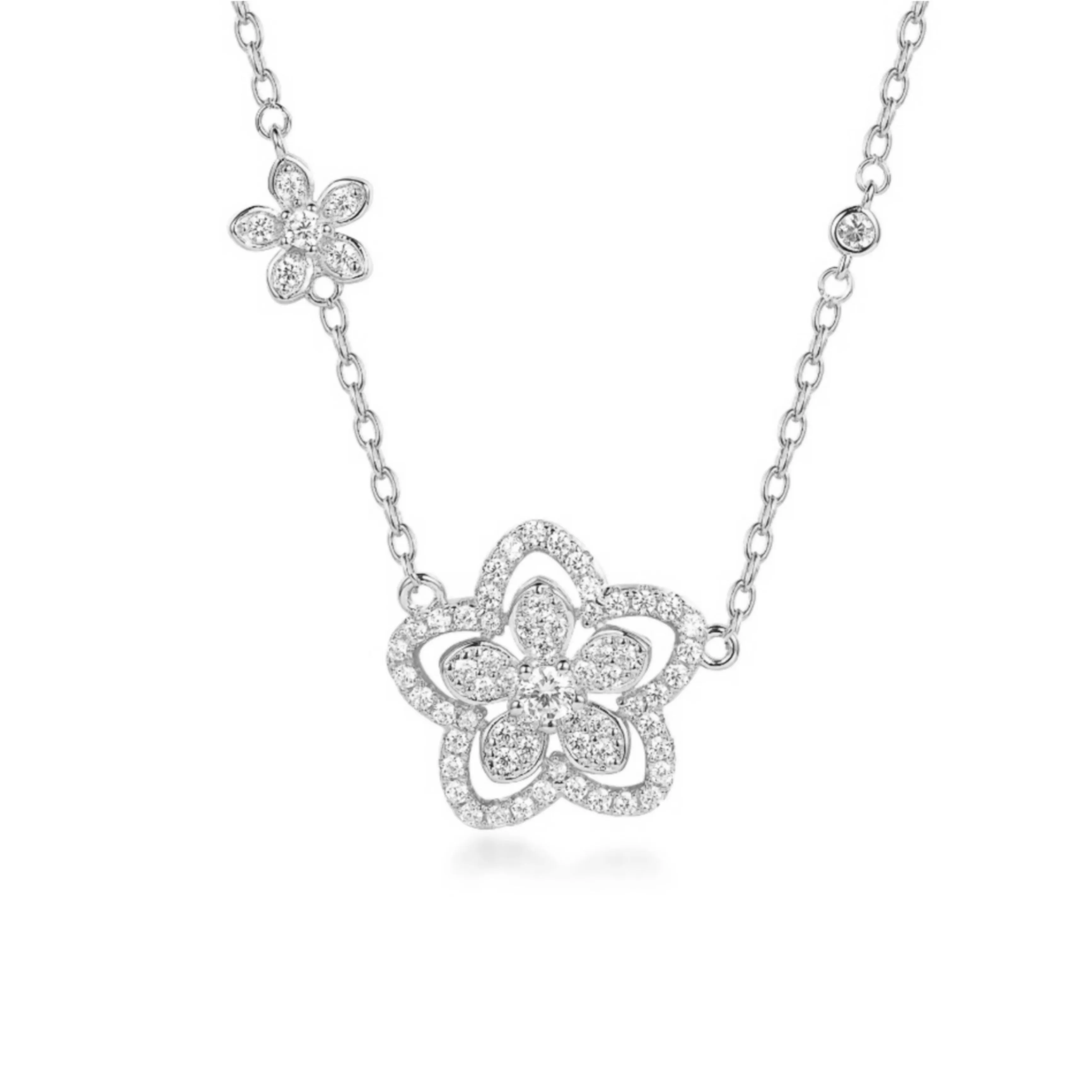 Romantic Gift Sterling Silver CZ Double Flower Necklace