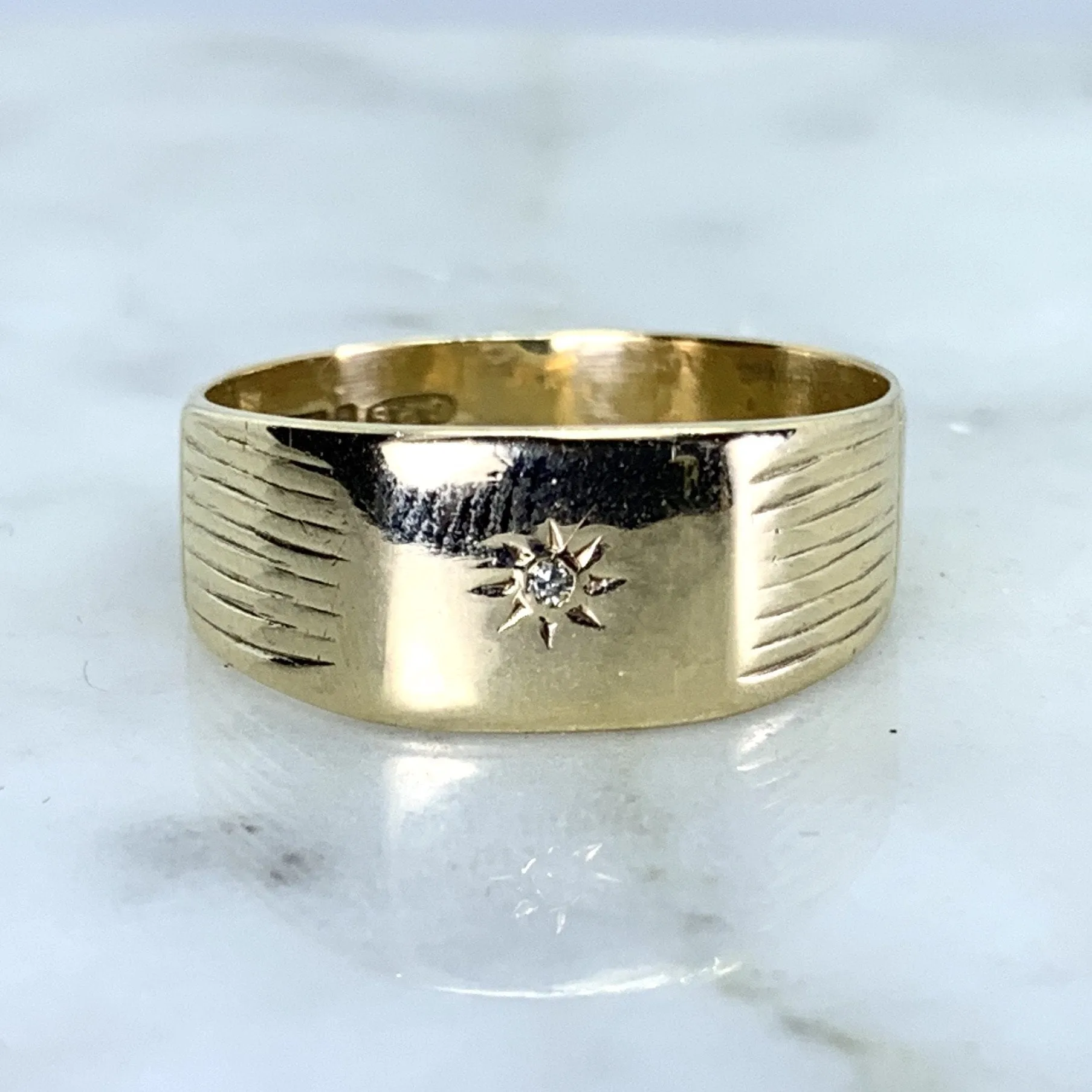Traditional Creation Bold piece Diamond Gold Wedding Band or Thumb Ring in 9k Yellow Gold. Estate Jewelry. Circa 1969. Size 5.