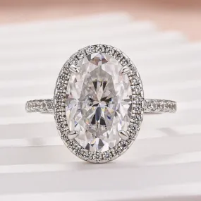 Louily Exquisite Moissanite 4.0 Carat Halo Oval Cut Engagement Ring In Sterling Silver Graceful Shape Delicate Finish
