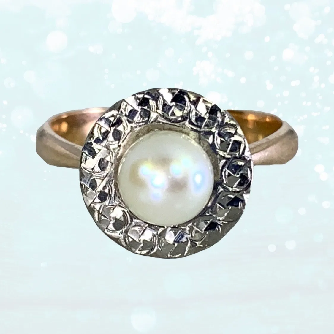 Ornate Symbol Spring Collection 1940s Pearl Engagement Ring set in 14K White and Rose Gold. Sustainable Estate Jewelry.