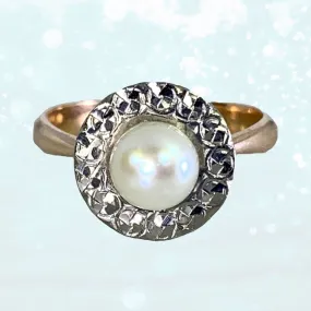 Ornate Symbol Spring Collection 1940s Pearl Engagement Ring set in 14K White and Rose Gold. Sustainable Estate Jewelry.