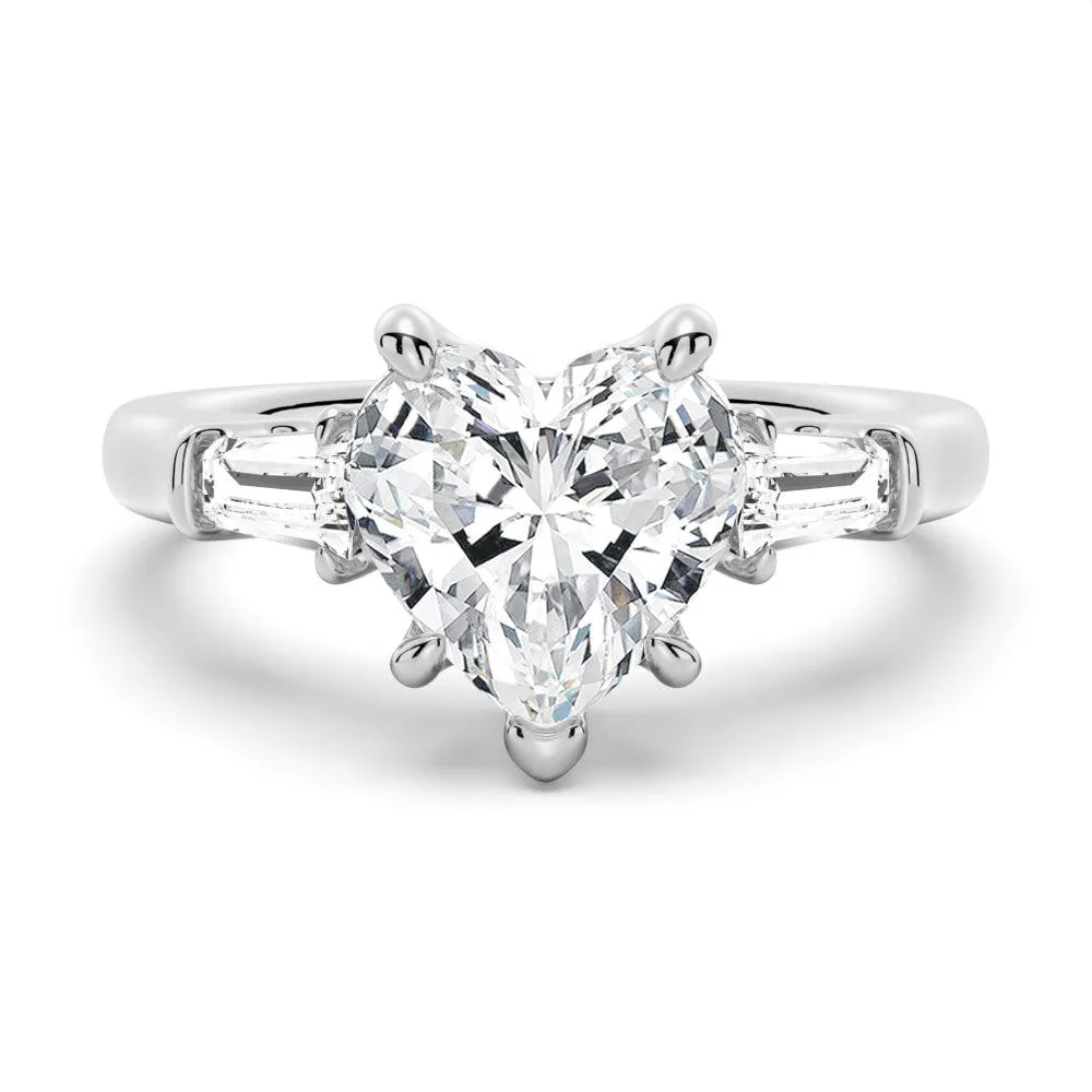 Heart Shaped Moissanite Engagement Ring with Tapered Baguette Side Stones Shiny Jewelry