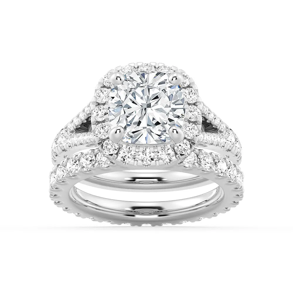 Halo Cushion Cut Split Shank Moissanite Ring Set with Matching Wedding Band Timeless Accessory