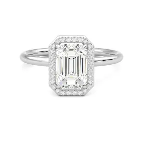 Halo Emerald Cut Moissanite Engagement Ring with Hidden Anniversary Stone Accent Modern Simplicity