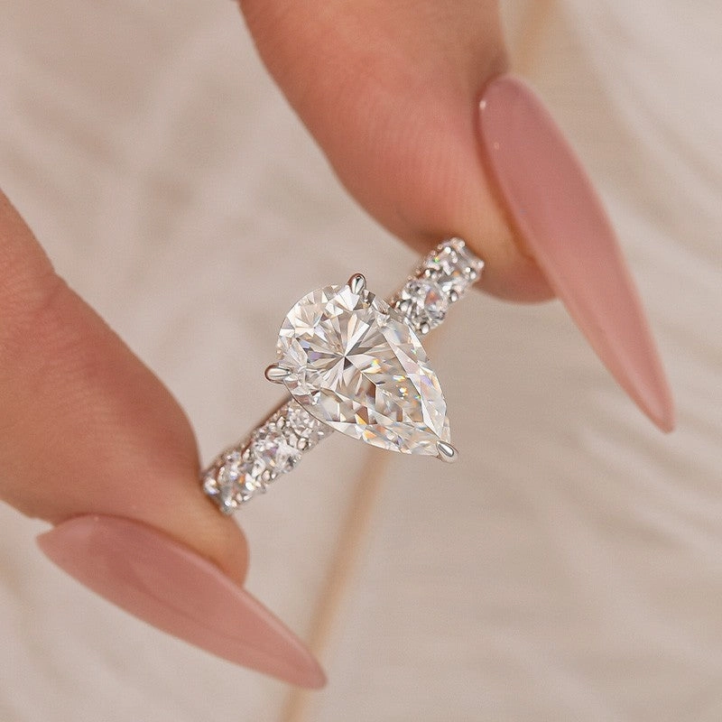 Retro Mood Chic Touch Moissanite 4.0Ct Pear Cut Engagement Ring Travel Ring In Sterling Silver