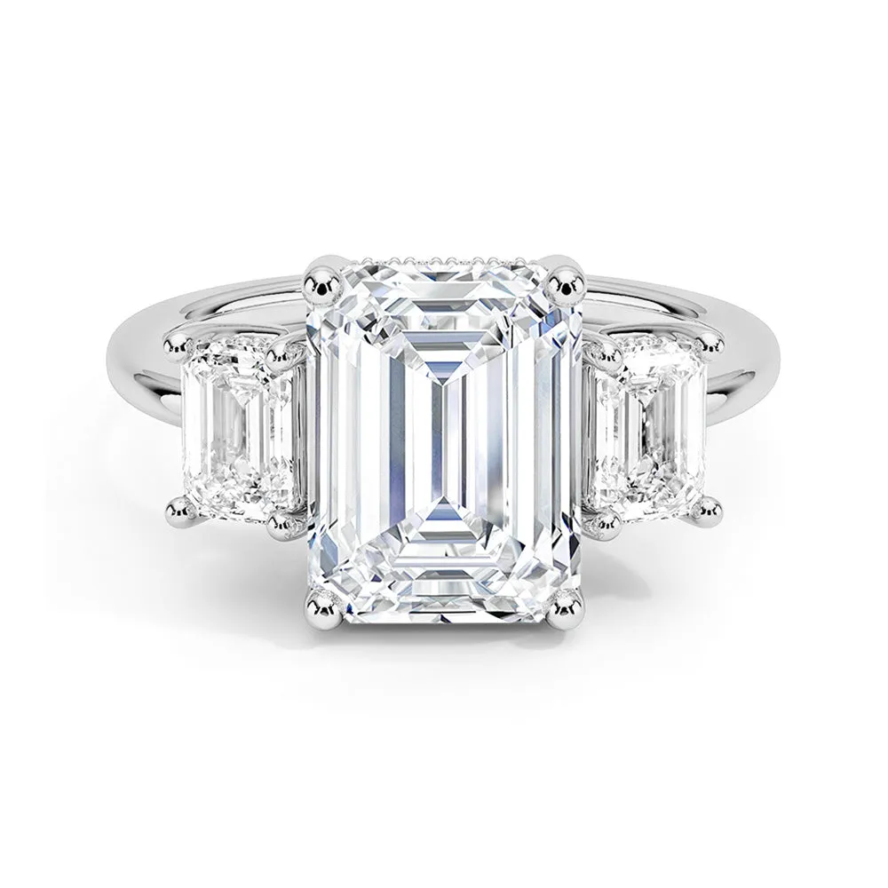 State Emblem Hidden Halo Emerald Cut Three Stone Moissanite Engagement Ring