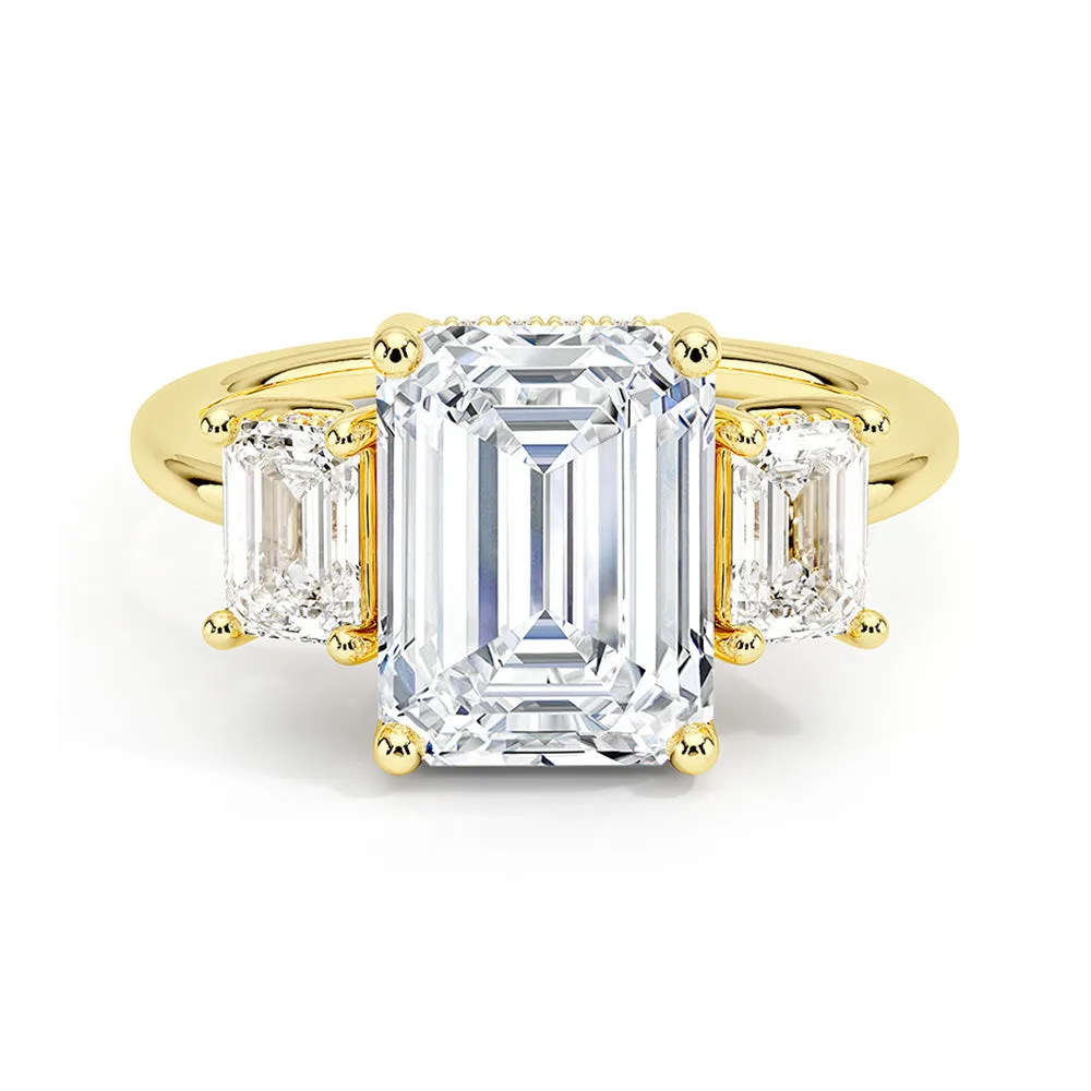 Hidden Halo Emerald Cut Three Stone Moissanite Engagement Ring Trendy Expression Clean Lines