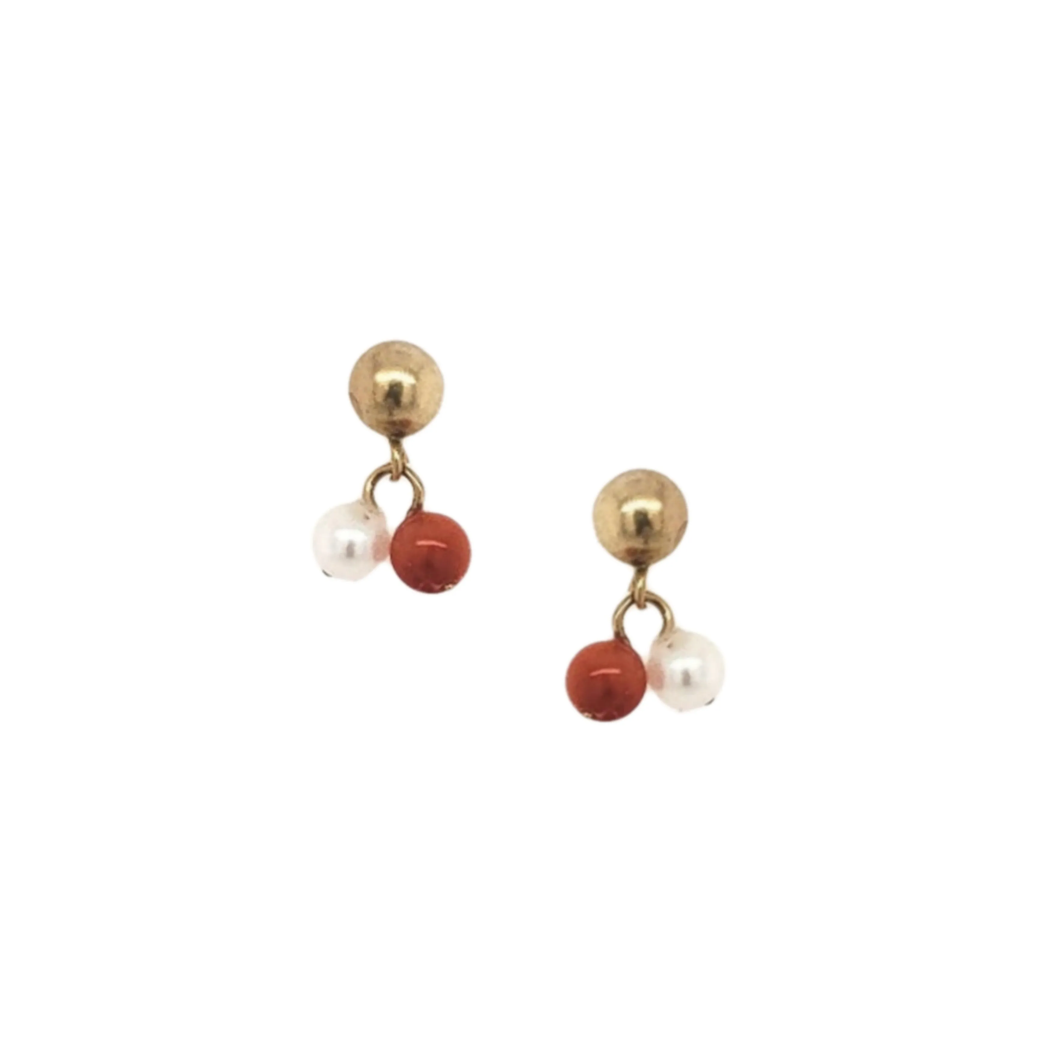 14k Gold Pearl and Red Bead On Screwback Post Earring Exquisite Element