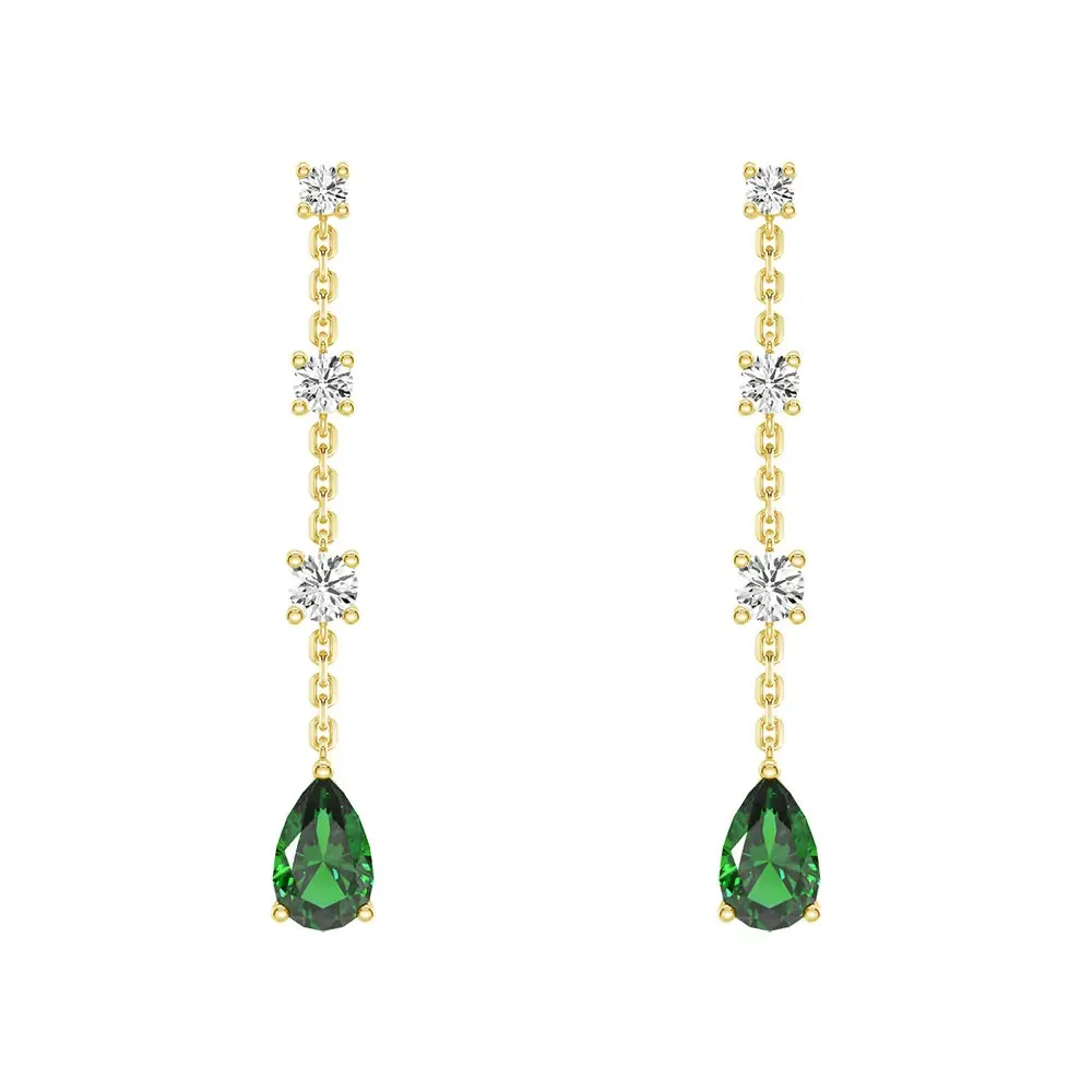 Tiered Diamond Cascade Stud Earrings with Trembling Lab Emerald Drop Polished Design Graceful Motion