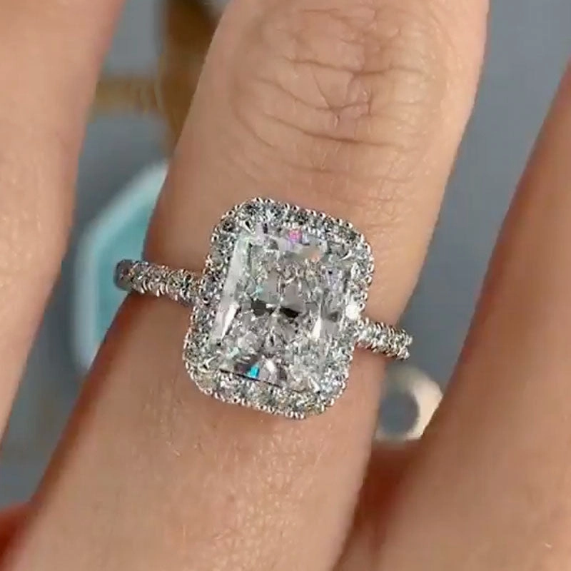 Louily Halo Radiant Cut White Sapphire Simulated Diamond Engagement Ring Everyday Glam Trendy Feel