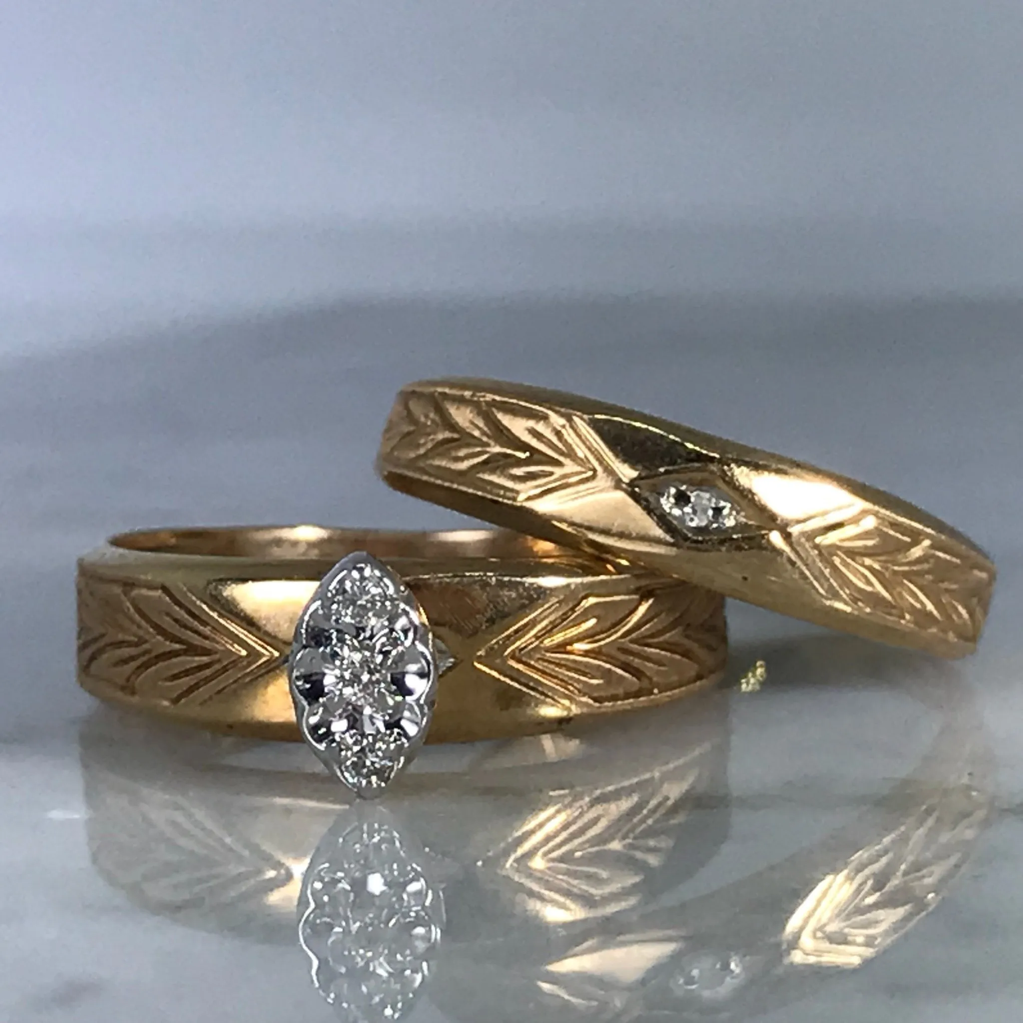 Daywear Style Diamond Engagement Ring and Wedding Band. Bridal Set. 10K Yellow Gold. April Birthstone.