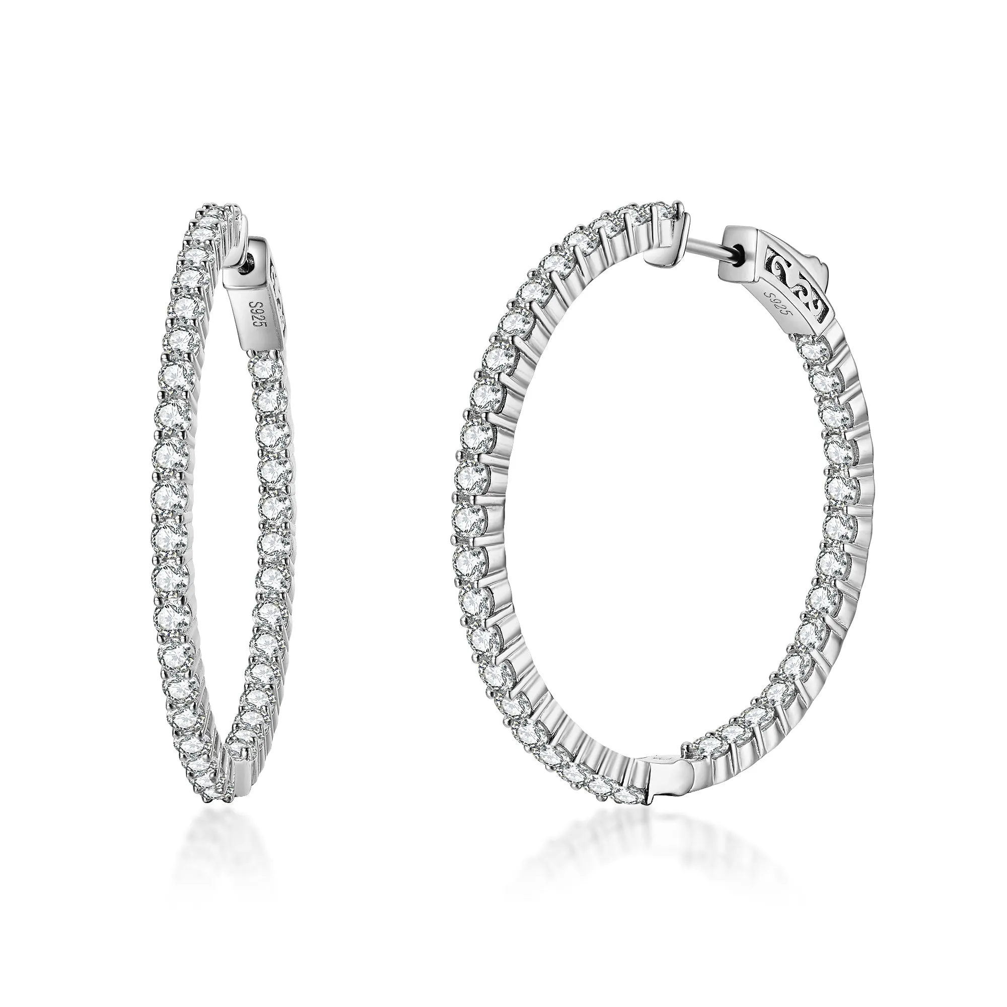 Sterling Silver 40mm Round CZ Hoop Earrings with 2.5mm CZs Glittering Selection