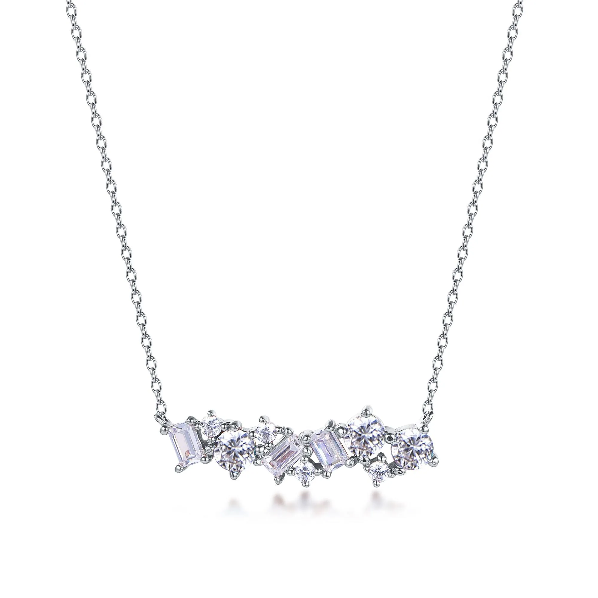 Sterling Silver CZ and Baguette Bar Necklace Date Style