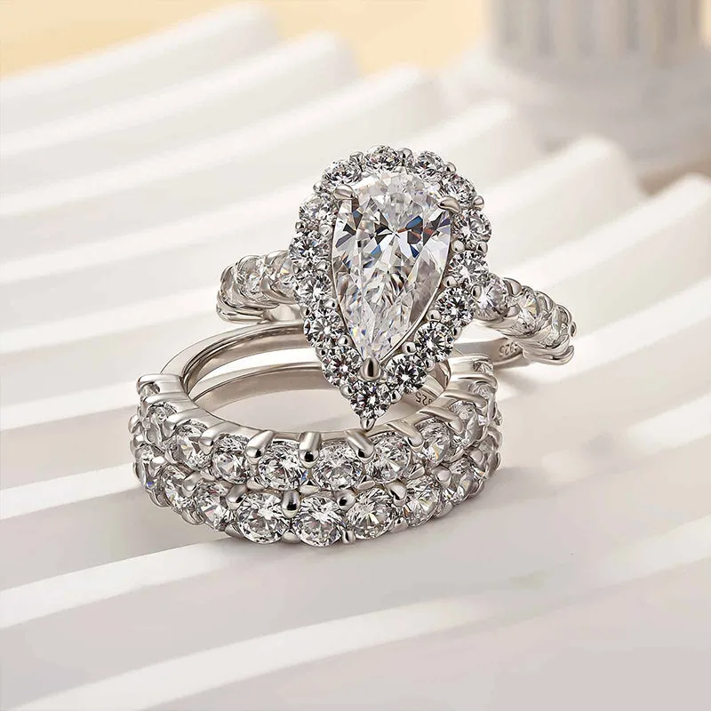 Louily 3PC Classic Halo Pear Cut Wedding Ring Set In Sterling Silver Cool Contrast