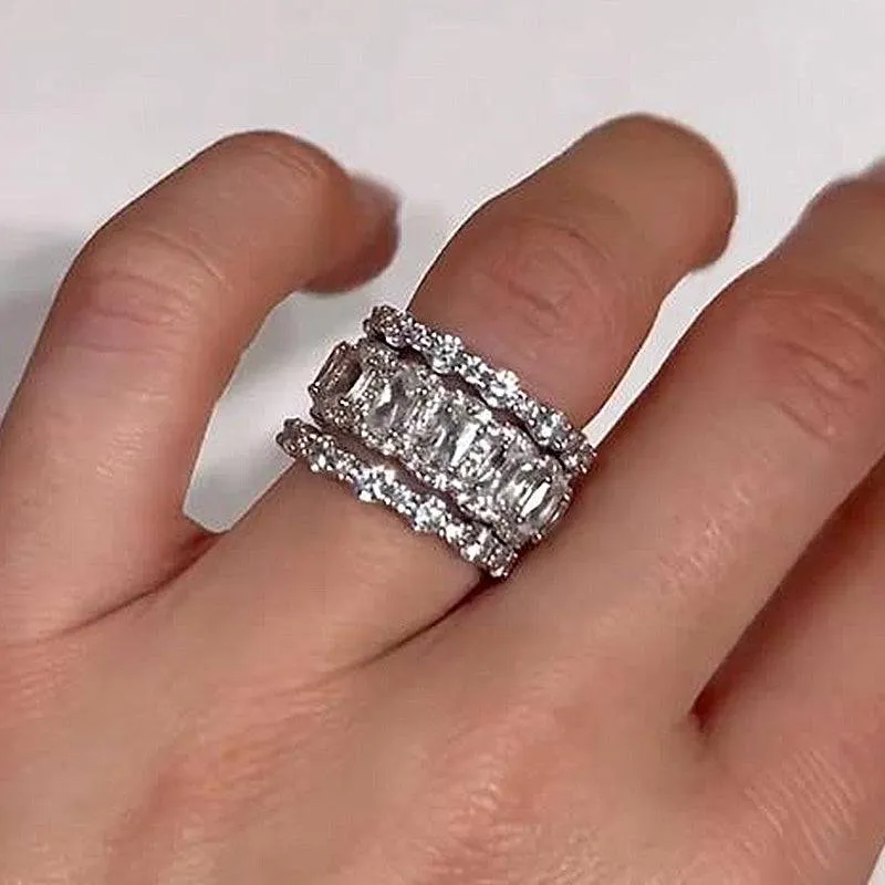 Delicate Mood Louily Attractive Cushion Cut 3PC Wedding Band Set For Women In Sterling Silver