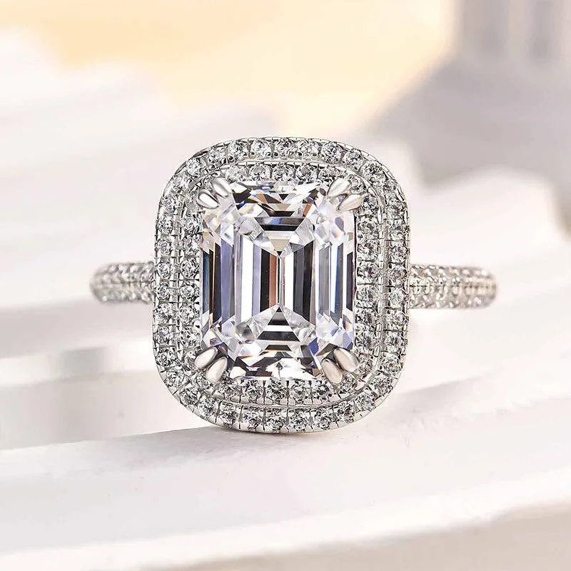 Louily Attractive Double Halo Emerald Cut Engagement Ring Shiny Layer