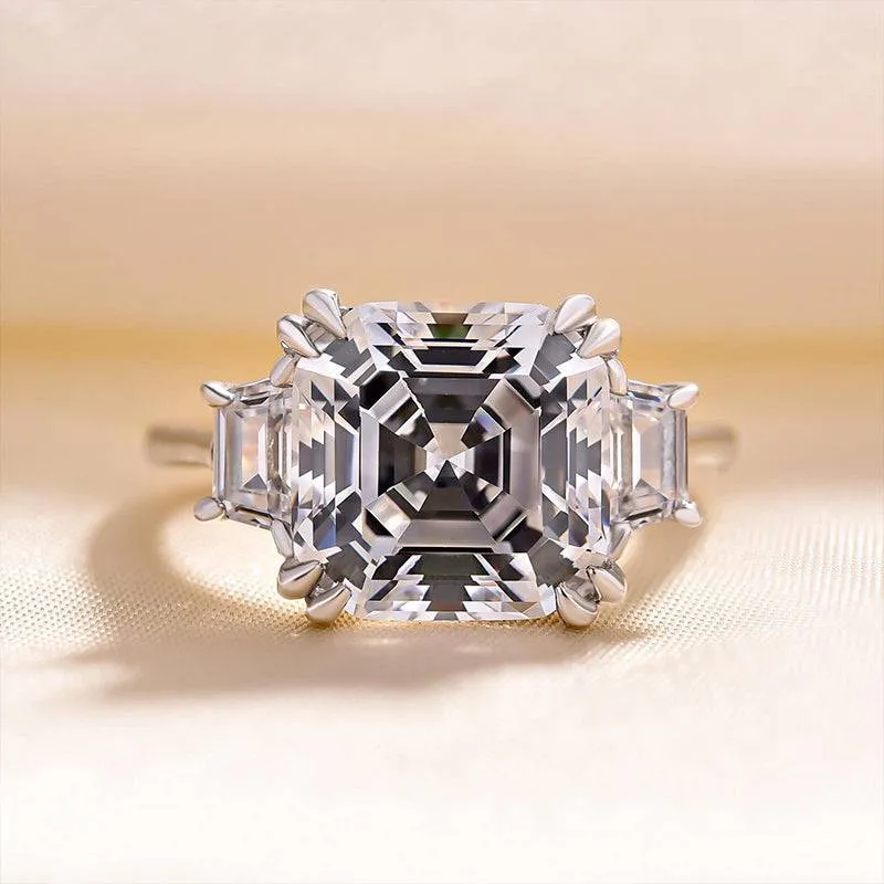 Louily Exclusive Asscher Cut Three Stone Women's Engagement Ring In Sterling Silver Polished Look