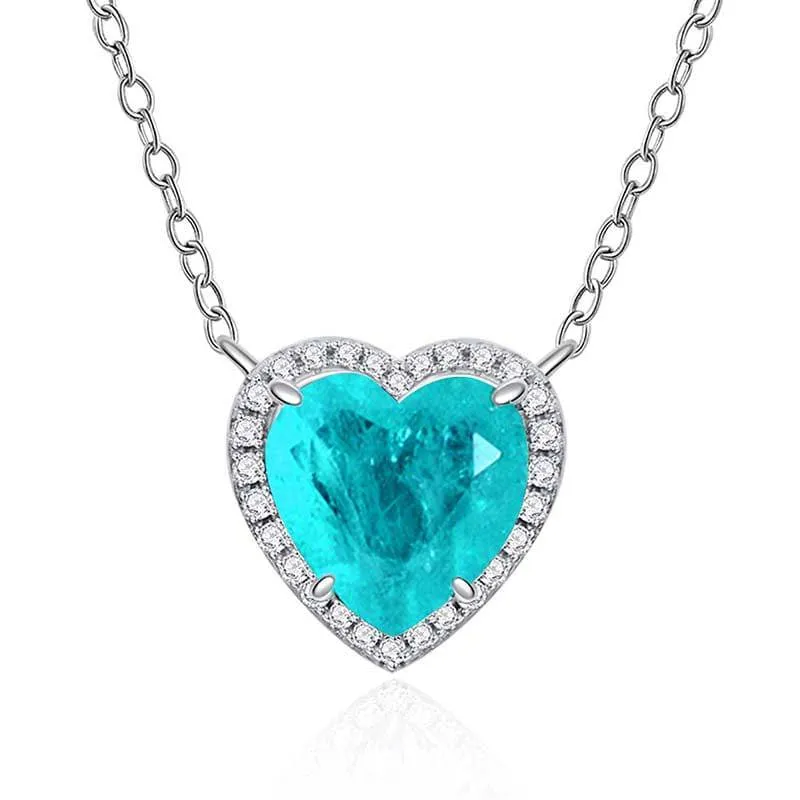 Shiny Edge Louily Halo Heart Cut Aquamarine Blue Necklace For Women In Sterling Silver