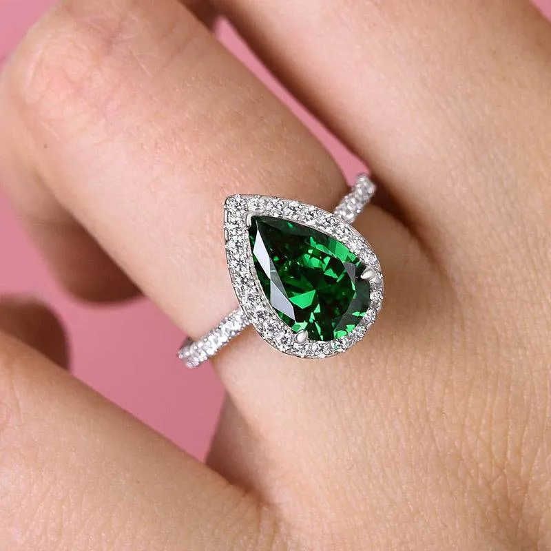 Elegant Style Pieces Stylish Finish Louily Halo Pear Cut Emerald Green Engagement Ring In Sterling Silver