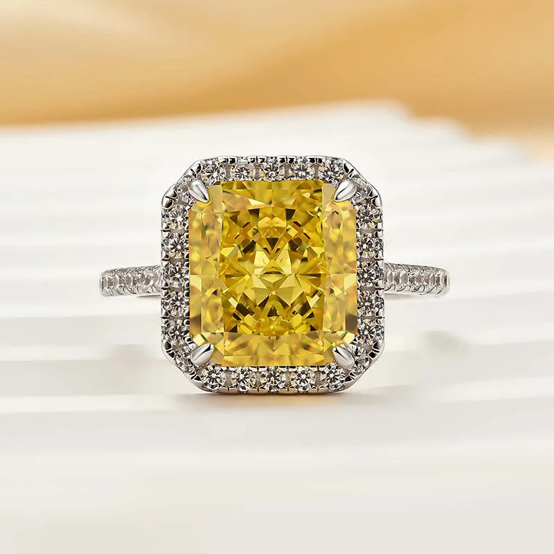 Louily Halo Yellow Stone 5.0Ct Radiant Cut Engagement Ring In Sterling Silver Romantic Finish Iconic Accent