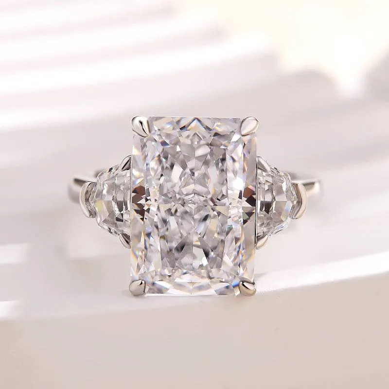 Louily Luxurious Crushed Ice Radiant Cut Three Stone Engagement Ring Modern Sparkle Shimmer Light