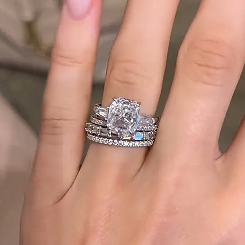 Louily Luxury Cushion Cut Three Stone 4PC Wedding Set Statement Accent