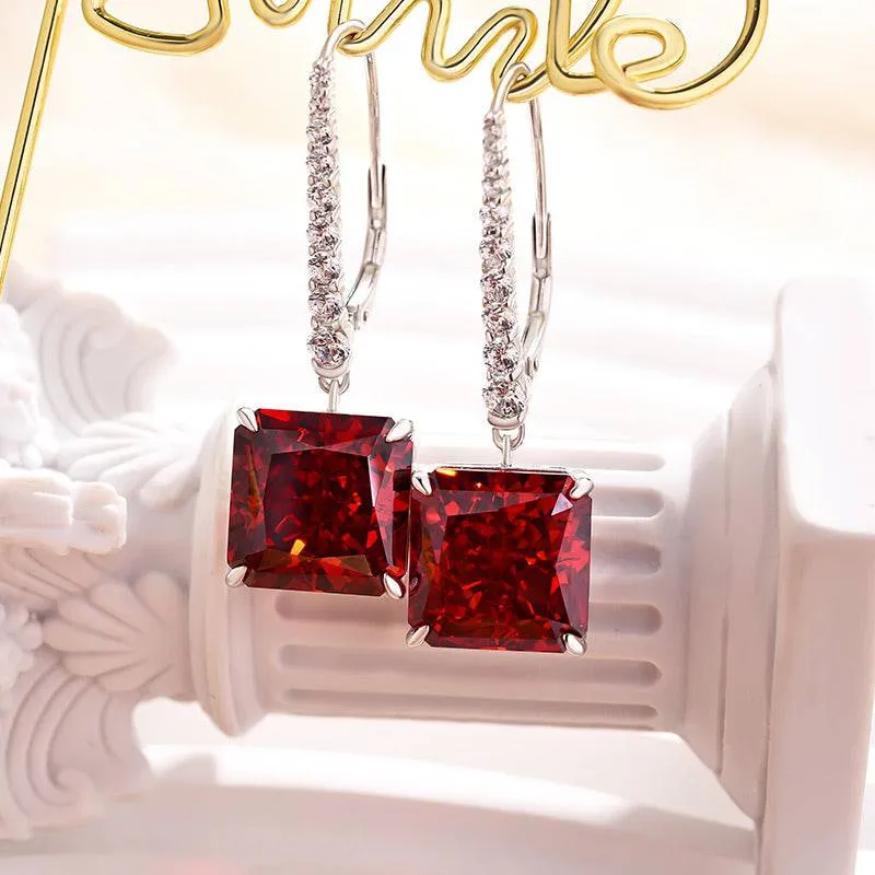 Louily Luxury Radiant Cut Ruby Women's Earrings In Sterling Silver Luxe Finish
