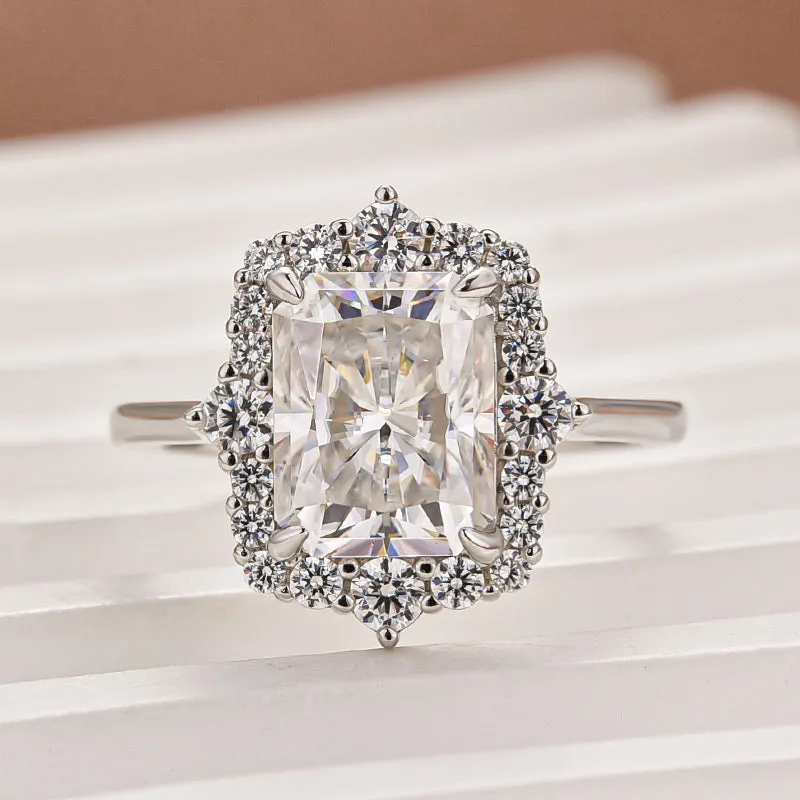 Louily Moissanite Vintage 3.0 Carat Halo Radiant Cut Engagement Ring In Sterling Silver Gleam Accent