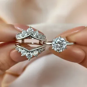 Louily Unique Crown Design Round Cut Insert Wedding Ring Set Custom Order