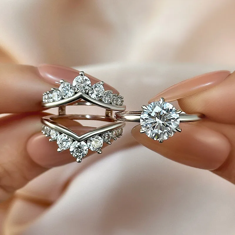 Louily Unique Crown Design Round Cut Insert Wedding Ring Set Custom Order