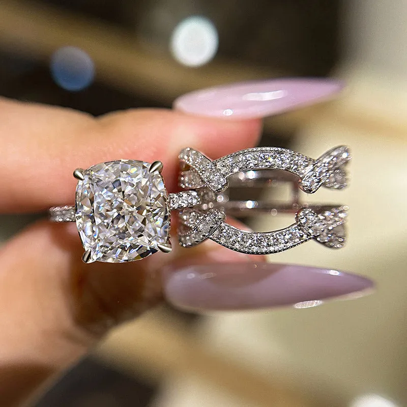 Captivating Style Custom Accessories Louily Vintage Cushion Cut Insert Wedding Ring Set For Women In Sterling Silver